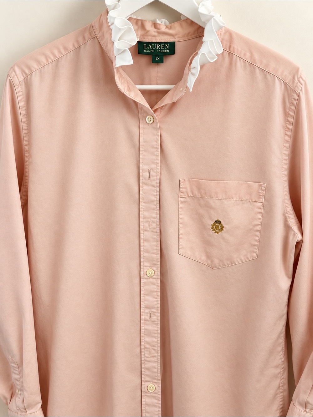 Ralph Lauren Blush Pink Cotton Button-Down Shirt with Embroidered Pocket Crest